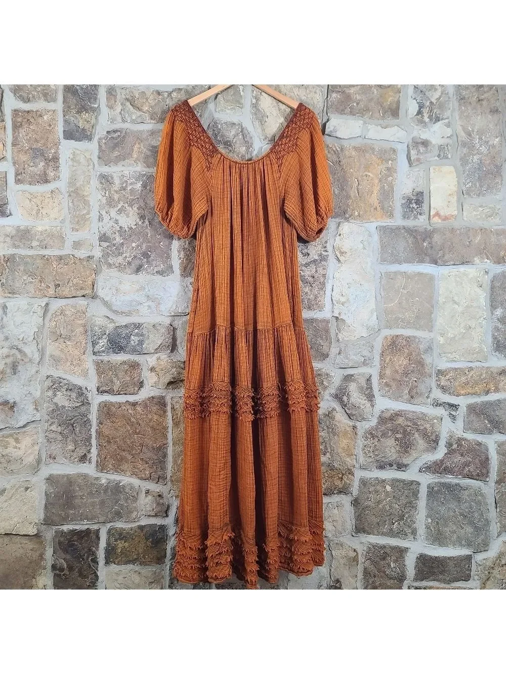 Free People XS Sunday Stroll Smocked Ruffle Boho Oversized Maxi Dress